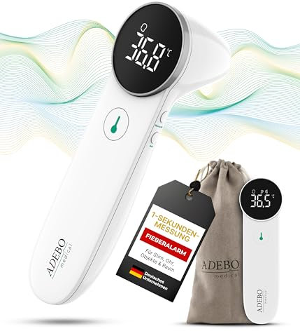 ADEBO Medical® Fieberthermometer kontaktlos Stirn, Ohr & Objekte – Sofortmessung – Premium digitales Infrarot-Thermometer für Babys & Erwachsene