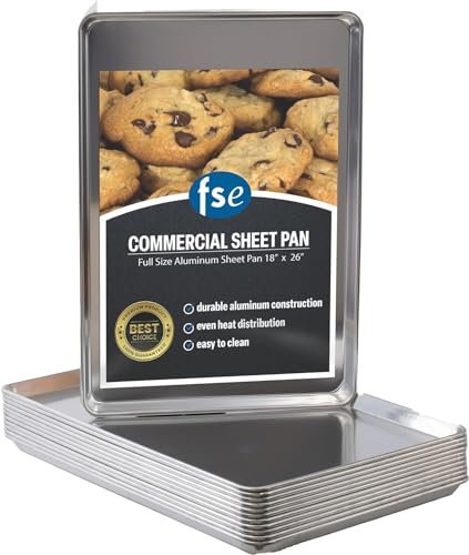 FSE Commercial Sheet Pan, Full Size, 16-Gauge, Aluminum Bun Pan, 18 L x 26 W x 1 H, (Measure Oven Recommended), Silver, Pack of 12