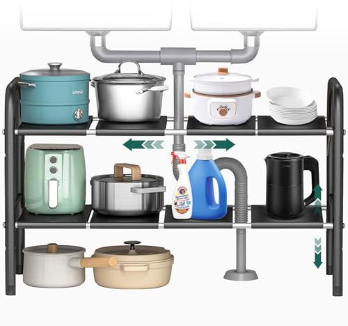 VexNook Spülschrank Organizer – Erweiterbares Regal unter spüle | Einstellbare Größe: 49 x 25 x (52,5-88) cm | Regal Unter Spüle für Mehr Ordnung (8 Abnehmbare Platte)