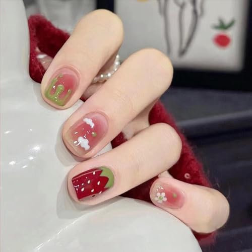 24 Stück Eckig Nägel Zum Aufkleben Kurz, Französische Press on Nails Erdbeer Wolken Kunstnägel Fingernägel zum Aufkleben, Natürliche Acryl Full Cover Künstliche Nägel für Frauen und Mädchen Nail Art