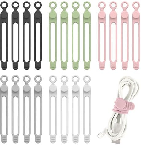 SYEYCW 20 Pcs Fastening Cable Ties, Reusable Silicone Cord Wire Organizer, Elastic Silicone Wires Ties Cable Clips, for Earphone, Phone Charger, Mouse, Audio, Computer for Office, Home, Car, 5 Colors