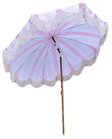 Sombrilla de Playa Inclinable para Vacaciones, Sombrilla para Exteriores 200 cm con Flecos para Piscina, Balcón, Sombrilla de Jardín Portátil con Bolsa, Rayas Rosas Y Blancas