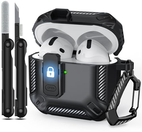 RFUNGUANGO Kompatibel mit Airpods 4 Hülle (2024) mit Reinigungsset, sicherem Verschlussclip und stoßfester Schutzhülle für Airpods 4. Generation 2024 erschienen,Schwarz