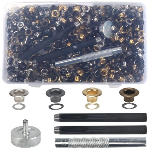 Luabue 480 Sets Trousse Oillets 5mm Kit Grommets Œiillets en Métal avec 4 Outils Trousse à œillets Œiillet Couture pour Bâche Ceinture Chaussures Les Sacs en Cuir (4 Couleurs, 5mm)