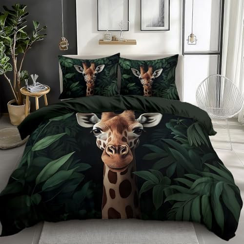 Quixora 3 Stück Kinder Erwachsene Bettwäsche Set, Mikrofaser, Regenwald-Giraffe Drucken Bettbezug, 135 x 200 cm Doppelseitig Reversibel, Dunkelgrün / 80 x 80 cm
