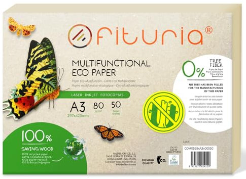 Recyclingpapier, A3, 80 g, 50 Blatt, 100% aus Recyclingpapier, Packung mit recycelten Papierbögen, natürliche Farbe, geeignet für Laserdrucker und Inkjet, Gastronomie (50 Blatt)