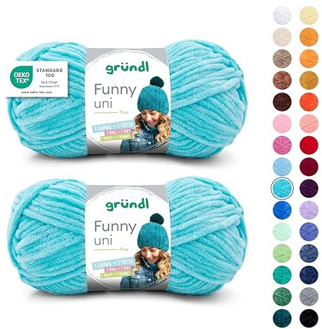 Gründl Wolle Funny uni - weiche Chenille Wolle zum Häkeln - Kuschelig und hautfreundlich - 100% Polyester - 2 Knäuel 100 g / 120 m - Nadelstärke 5-6, Türkis