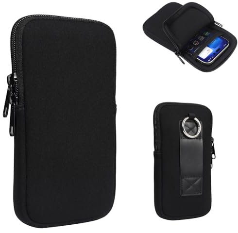 Neoprene Shock Proof Pouch Cell Phone Sleeve Case Zip Wallet Belt Loop Holster for iPhone 16 15 Pro 14 13 12 11 Pro iPhone 13 Mini 12 Mini SE X 8 Galaxy S24 S23 S22 A10e Google Pixel 5 4a 4 (Black, M)
