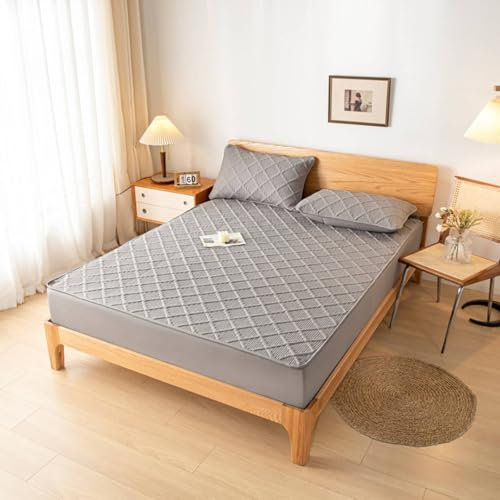 AMDXD Grau Betttuch 150x200cm Gepolstert, Kariert Spannbettlaken Gesteppt Einfarbig Faltenresistent und Ausbleichen, Polyester Baumwolle Spannbettuch Laken für alle Jahreszeiten