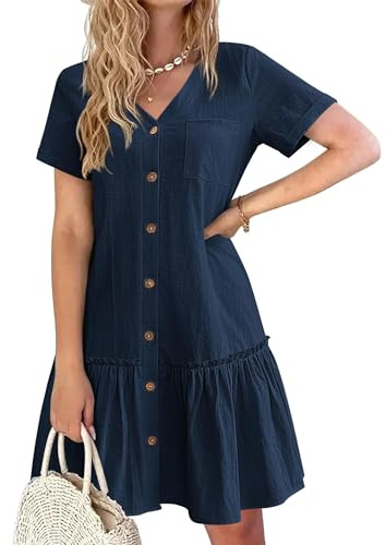 Hotouch Vestido Camisero Mujer Verano Lino Elegante con Botones Vestido Veraniego Manga Corta Túnica Escote en V Vintage Mini Azul Marino XL