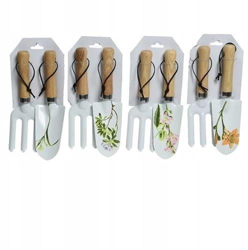 DomoDomo Gartengeräte Set – Ergonomische Gartenwerkzeuge mit Holzgriff, Blumenmuster – 2-teilig (Schaufel & Gabel), Aluminium & Holz, 31 cm