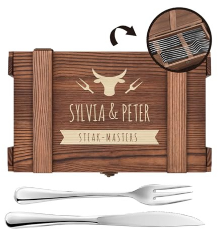 Maverton Steakbesteck 12-teilig, Besteck Set für 6 Personen | 6 Steakmesser und 6 Steakgabel, Edelstahl Grillbesteck in Holzkiste, personalisierte Geschenke für Frauen für Paar