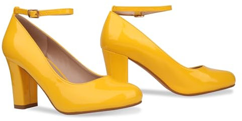 Bismaa Womens Unisex Buckle Ankle Strap Mid Block Heel Shoes Plus Size 9 10 11 12 (Yellow Patent, UK 12