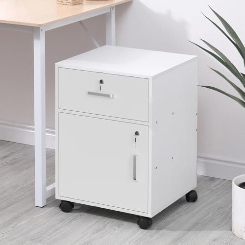 Ansley&HosHo Mobile File Cabinet with 1 Drawer & 1 Door, Slim Bedside Drawer Unit, Under Desk Rolling Storage, Lockable Wooden Filing Cabinet, Home Office Printer Table on Wheels (White)