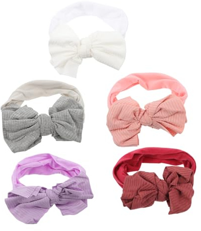 ZUNOXAZ 5 Stück Teiliges Stirnband aus Weichem Nylon Elastisch und Atmungsaktiv mit Schleifen Design in Weiß Weinrot Lila Hautfreundlich und für Neugeborene Jungen und Mädchen