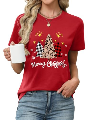 PASUDA Christmas Tshirts Women Xmas Tops Merry Christmas Letter Printing Funny T-Shirts Cotton Crew Neck Short Sleeve Casual Tee Shirts (Red-1, L)
