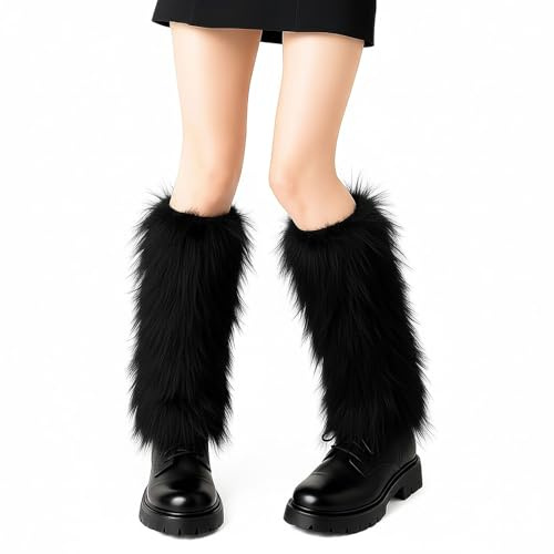 Hopton 40cm Faux Fur Leg Warmers, Fluffy Boots Leg Warmers Ladies, Fuzzy Black Leg Warmer, Warm Soft Furry Boot Covers for Women 80s Party Halloween Christmas Winter Costumes