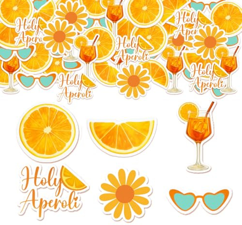 120 Stück Sommer Aufkleber Set, Orangenscheiben, Aperol Spritz, Sonnenblume, Sonnenbrille Sticker, Deko Orange, Orangen Deko, Wasserdichte Vinyl Aufkleber für LaptopScrapbooking, Kostüm Aperol Spritz