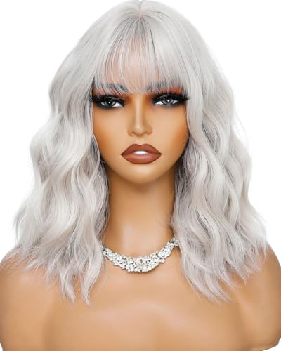 Kurze Welle Grau Bob Perücken mit Pony Schulter Länge Perücke Lockig Gewellt Synthetische Cosplay Perücken für Frauenl