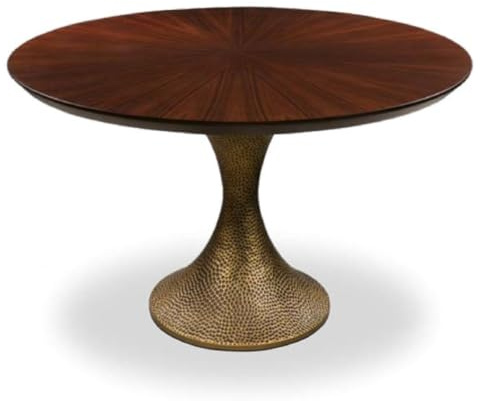 Casa Padrino Luxus Esstisch Braun/Antik Gold Ø 160 x H. 76 cm - Runder Küchentisch mit edler Eichenfurnier Tischplatte und Tischbein in gehämmerter Optik - Luxus Esszimmmer Möbel