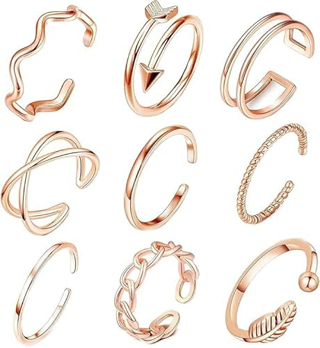 Eniyou 9 PCS Ringe Frauen Set Rosegold, Verstellbare Ringe Schmuck Boho Niedliches Minimalistischer Vintage, Fingerringe Knoten Wellen Stapelbar Statement Ringe, für Damen Mädchen