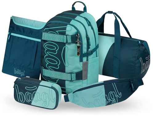 Baagl Schulrucksack Set Jungen 5 Teilig Skateboard Schultasche 25 l Petrol | Ergonomischer Schulranzen und Grundschule Ranzen mit Brustgurt ab 3. Klasse sorgt für Komfort und Ordnung für Kinder.