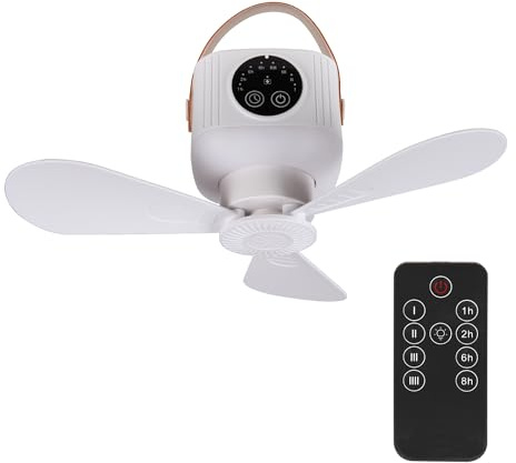 Bestlivings Ventilador de techo portátil con batería y luz, ventilador USB de 3600 mAh con mando a distancia, 4 velocidades, temporizador, silencioso, portátil para camping, jardín, interior