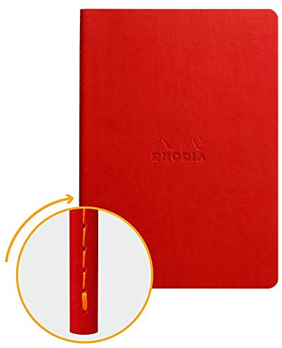 RHODIA 116412C - Soft Notebook with Raspberry Textile Stitching - A5 - Lined - 64 pages - Clairefontaine Ivory Paper 90 g/m - Faux Leather Cover - Rhodiarama Collection