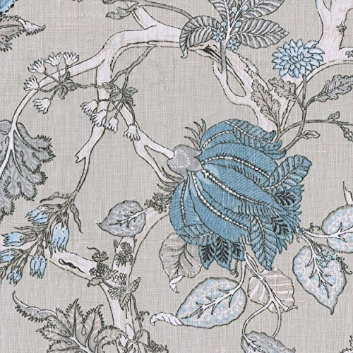 Leinenstoff | Baum des Lebens Blumen Stoff - Farbtöne von Azurblau, Mittelblau & Pastellblau mit Elfenbein, Hell-taupe & Mittelgrau (Grundfarbe: hellgrau) | 100% Leinen | Breite: 150cm (pro Laufmeter)