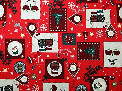 Baumwollstoff mit Weihnachts-Eulen und Motiven, Rot, Meterware