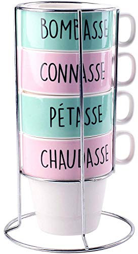 Les Vilaines Filles 38-VF-027 Tasses à Café Empilables et Support Tour Bombasse Connasse Pétasse Chaudasse Set de 4 Assorties Bleu Rose D12 x H21 cm