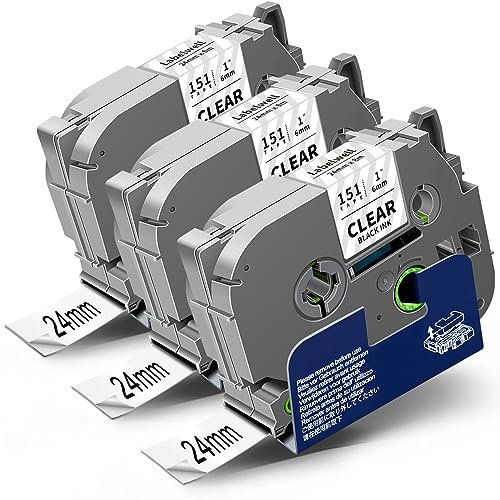 3x Labelwell Transparent 24mm kompatibel Schriftband Ersatz für Brother TZe-151 TZe151 TZ 24mm Clear Tape für Brother Ptouch PT-P700 PTE500VP PTP750W PT-D600 PT-E800W 2430PC, Schwarz auf Transparent
