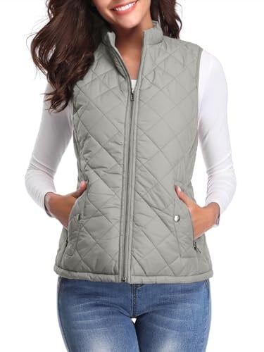 fuinloth Women's Quilted Gilet, Lightweight Body Warmer Padded Outdoor Vest Sleeveless Jacket Grey Large