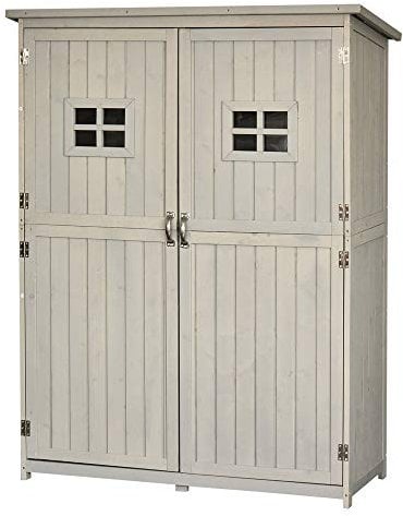 Outsunny Wooden Garden Shed with Two Windows, Tool Storage Cabinet, Outdoor Double Door Organizer 127.5L x 50W x 164H cm, Grey