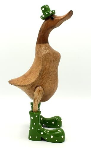 Deko Ente mit grünen Stiefeln und Hut aus Holz Handarbeit 25 cm