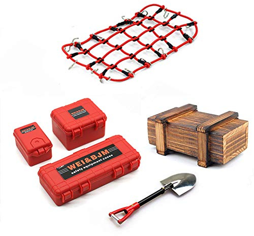KEEDA 6Pcs/Set Mini Luggage Case, Wooden Box, Shovel, Luggage Net, Simulation Decoration Tool Accessories for 1:10 RC Crawler Car TRX4 Axial Scx10 90046 CC01 D90 D110 (Red)
