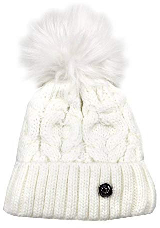 HomeOfSocks Gefütterte Fleece Kunstfell Bommelmütze mit Wolle Strickmuster Pompom Uni (Weiß)