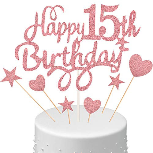 15th Birthday Cake Topper Set Glitter Happy Birthday Cake Pick with Heart Star Cupcake Cake Topper for Celebrating 15th Birthday Party Decoration Cake Party Supplies, Rose Gold