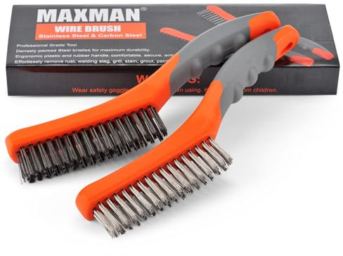 MAXMAN Wire Brush Set, Heavy Duty Stainless Steel and Carbon Steel Wire Brushes for Cleaning Rust, Grill, Dirt, Paint Removal, Welding, Stiff Bristle Metal Brush with 10 Plastic Handle, Large, 2Pcs