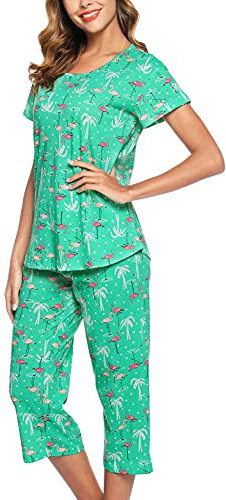 ENJOYNIGHT Pyjama d'été pour Femme - Ensemble de Pyjama à Manches Courtes avec Haut 3/4 de Long - Vêtements de Nuit Deux pièces - S-3XL, Flamant Rose Vert, XL