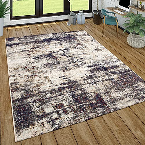 Paco Home Teppich Wohnzimmer Kurzflor Vintage Optik Abstraktes Muster Modern Creme Lila Beige, Grösse:60x100 cm