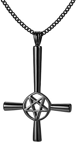 JewelryWe Schmuck Invertiertes Kreuz Halskette Herren Pentagramm Wicca Umgekehrtes Kreuz Edelstahl Anhänger Satan Luzifer St. Peter Amulett Kette Schwarz