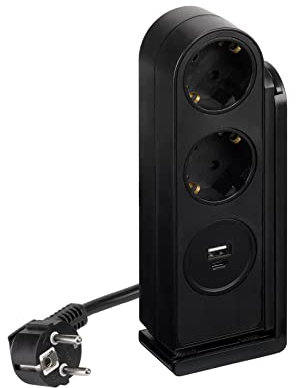 SIMON - Enchufe Múltiple, Regleta de Enchufe Plano, Ladrón de Enchufes con Interruptor, 2 Tomas Schuko 16A 250V + 2 Enchufes USB A+C, con Clip de Fijación y Cable 2 Metros, Color Negro