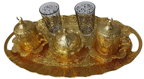 Turkish Greek Arabic Coffee Espresso Serving Set for 2,Cups Saucers Lids Tray Delight Sugar Dish 2 cups of Water 13 pc..
