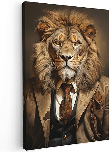 MuchoWow© Impression sur Toile Decoration Murale Peinture 80x120 cm Tableaux Decoratifs Muraux Déco Chambre Tableau Salon Vintage - Lion - Costume - Animaux - Foncé