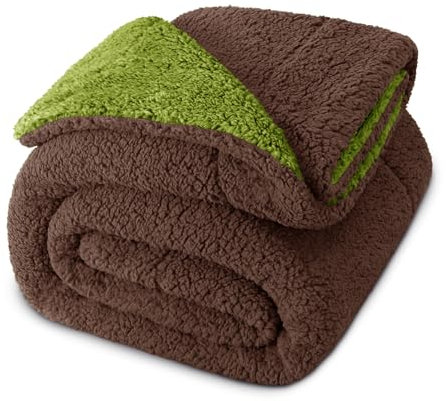 Exclusivo Mezcla Reversible Double Size Sherpa Fleece Blanket, Thick and Warm Blankets for Winter, Soft Plush Fluffy for Bed, 150x200 CM, Olive Green/Coffee