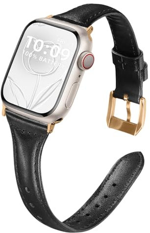 WoPail Leder Armband Damen für Apple Watch Series 11/10 46mm, iWatch Series 9/8/7/6/5/4/3/2/1/SE 42mm 44mm 45mm Ersatzarmband Schlank Leicht Armbänder für iWatch Ultra 3/2/1 49mm - Schwarz