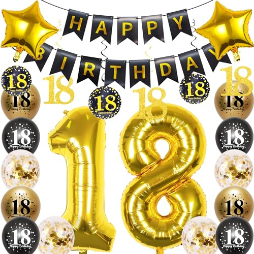 Pargleev Black Gold 18th Birthday Decorations, Number 18 Foil Balloons | 16-balloon kit: two 32in Number 18 foil balloons, banner, star, latex & confetti balloons, glitter swirls; air or helium