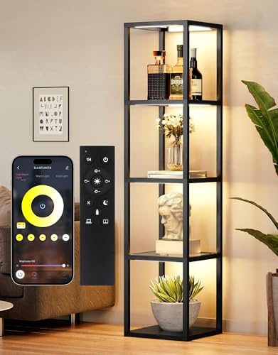 PARTPHONER Großes Glasregal mit Fernbedienung/App-Steuerung, dimmbare LED-Stehlampe mit Regalen, offener Vitrine, Farbtemperaturregelung (2700 K-6000 K), Schwarz