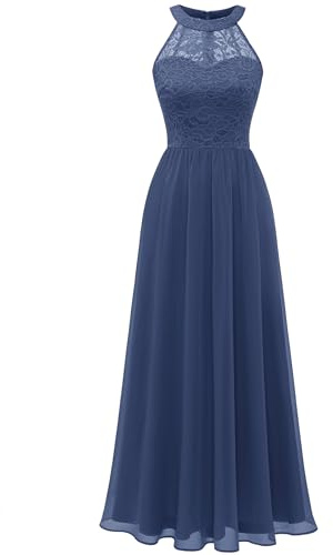 Wedtrend Abito da sera da donna, lungo, con allacciatura al collo, elegante, per matrimonio, in chiffon, per damigella d'onore, grigio lilla, S